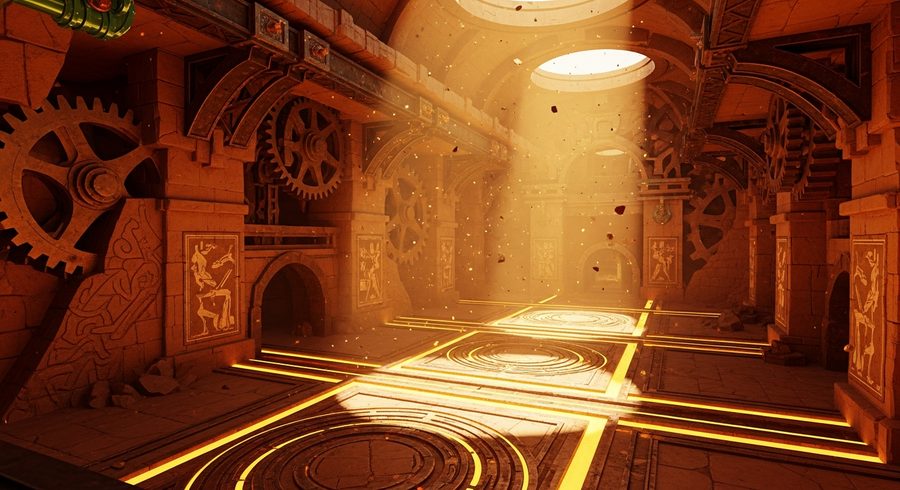 The Sunken Forge: monumental amber-lit halls of brass and sandstone