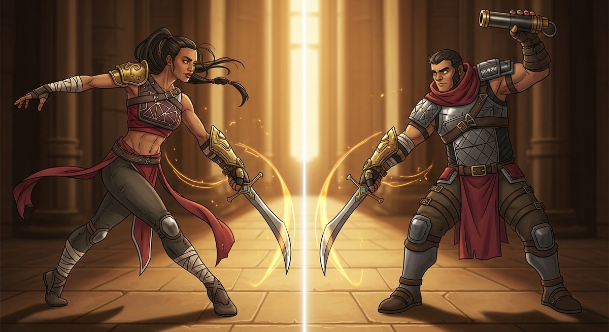 Kestrel and Bram side by side: a fast blade-dancer in motion and a planted siege tower of a warrior