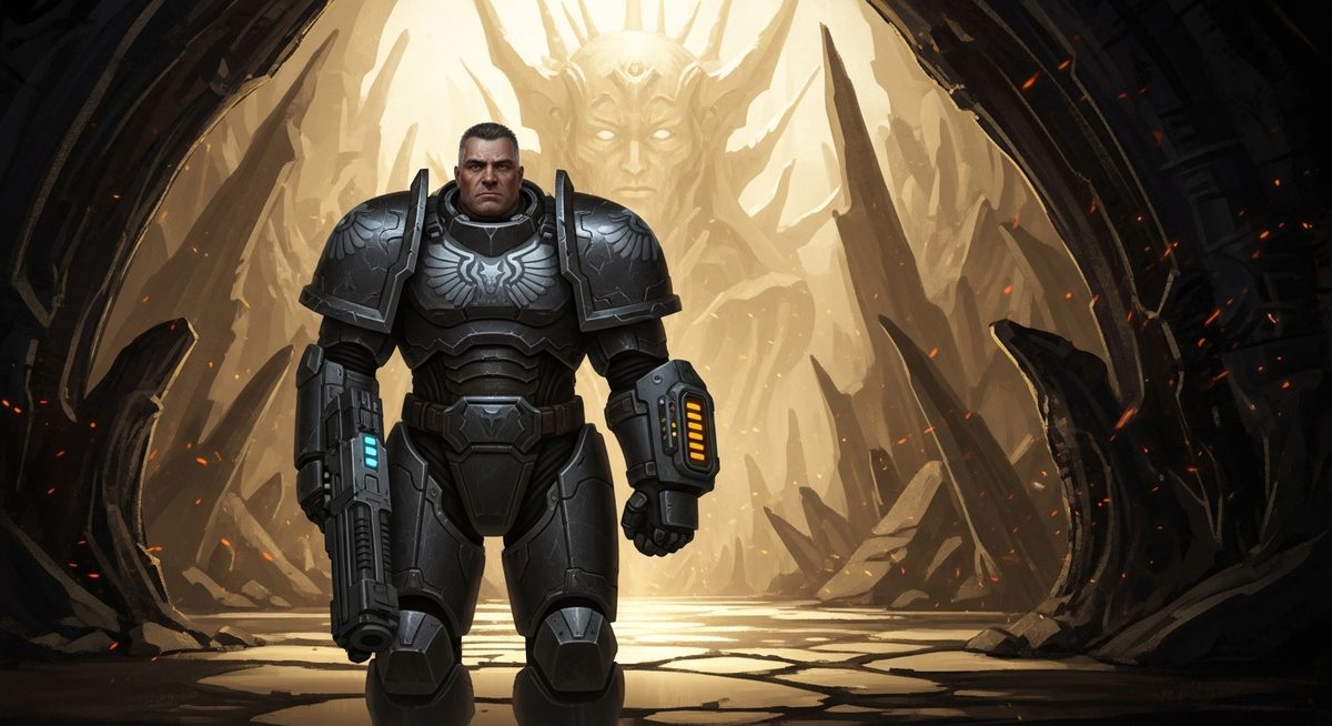 A vast dark forge chamber, a single pale amber glyph-eye glowing in the deep background